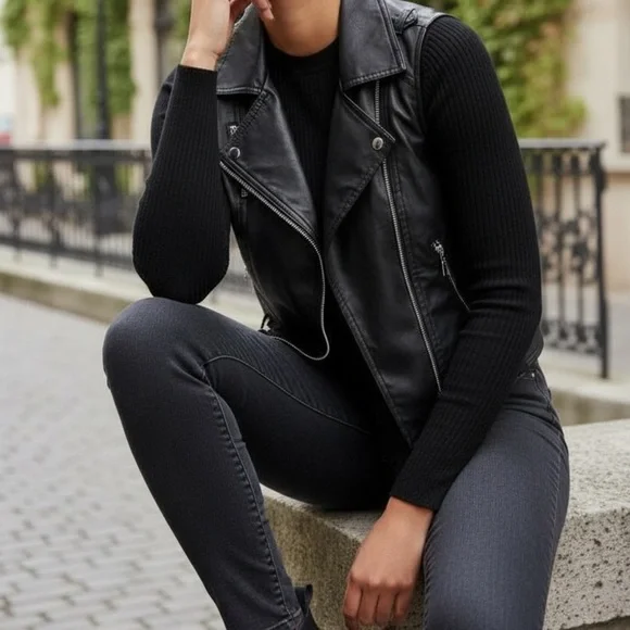 ARDEN B Black Faux Leather Moto Vest Silver Zipper Sleeveless Jacket Medium - Picture 2 of 9